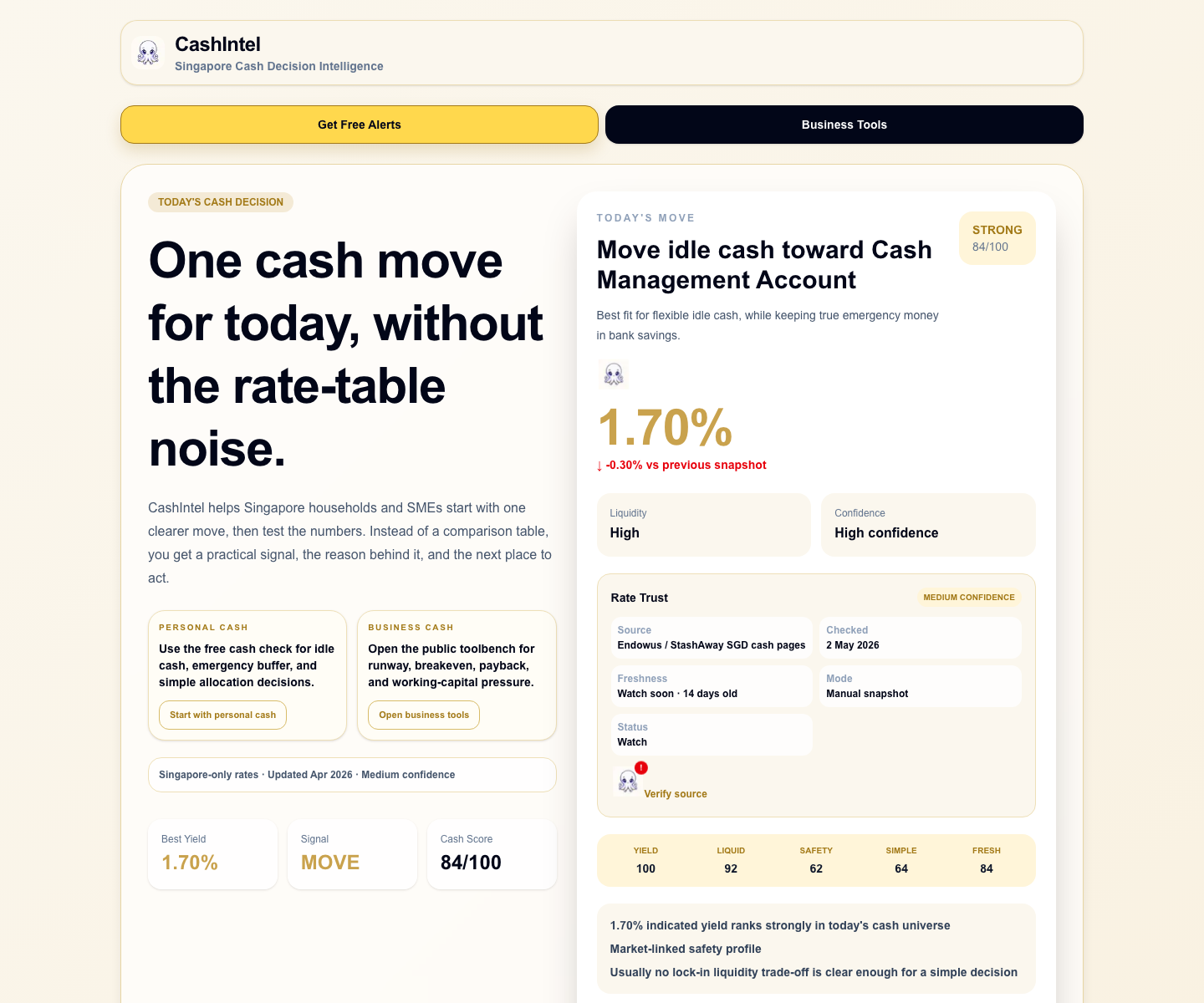CashIntel live public cash decision screenshot